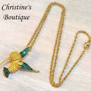 Hummingbird pendant necklace with chain, vintage enamel